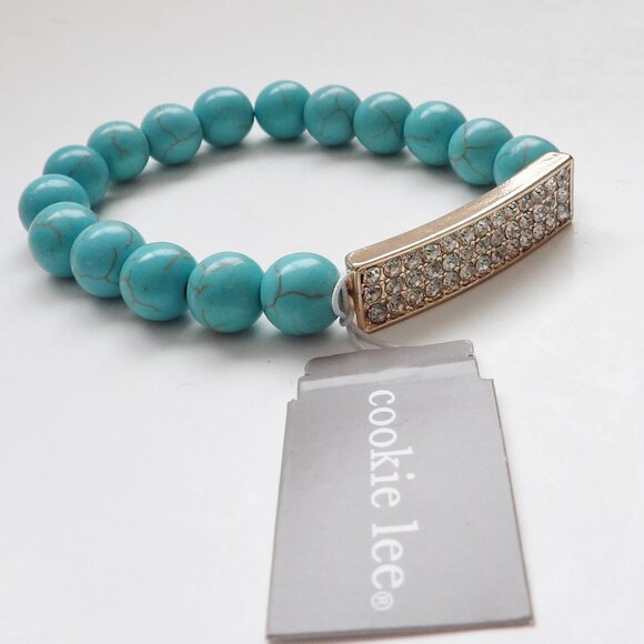 Cookie Lee Jewelry - Cookie Lee NWT Turquoise Colored Bead Stretch Bracelet w/ Rhinestone Bar
